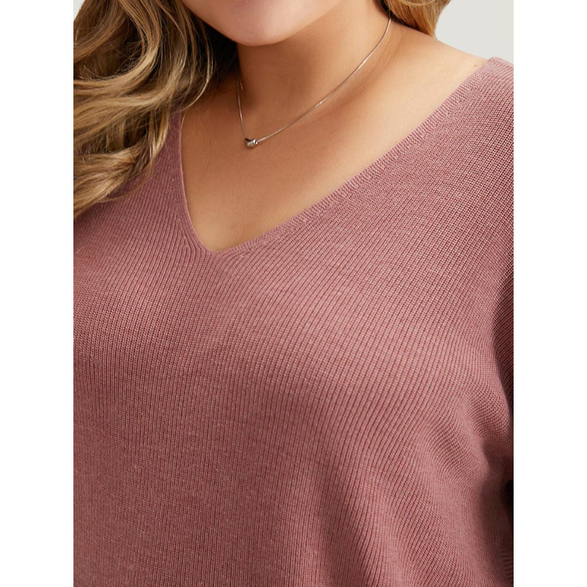 Plus Size Plain Twist Back Backless Pullover DustyPink Women Casual Loose Long Sleeve V-neck Dailywear Pullovers BloomChic 26/4X Product Image