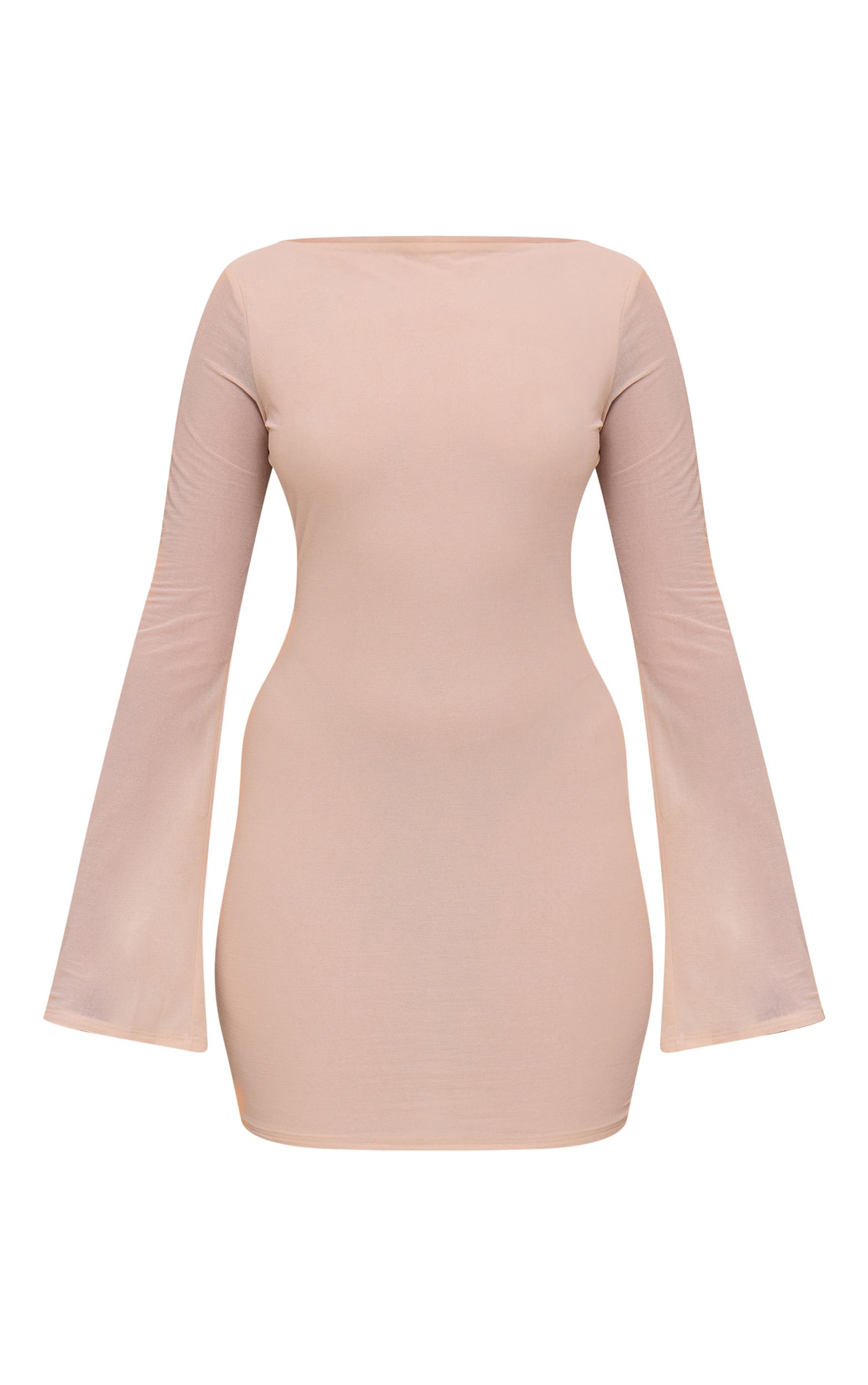 Camel Chiffon Boat Neck Long Sleeve Shift Dress Product Image