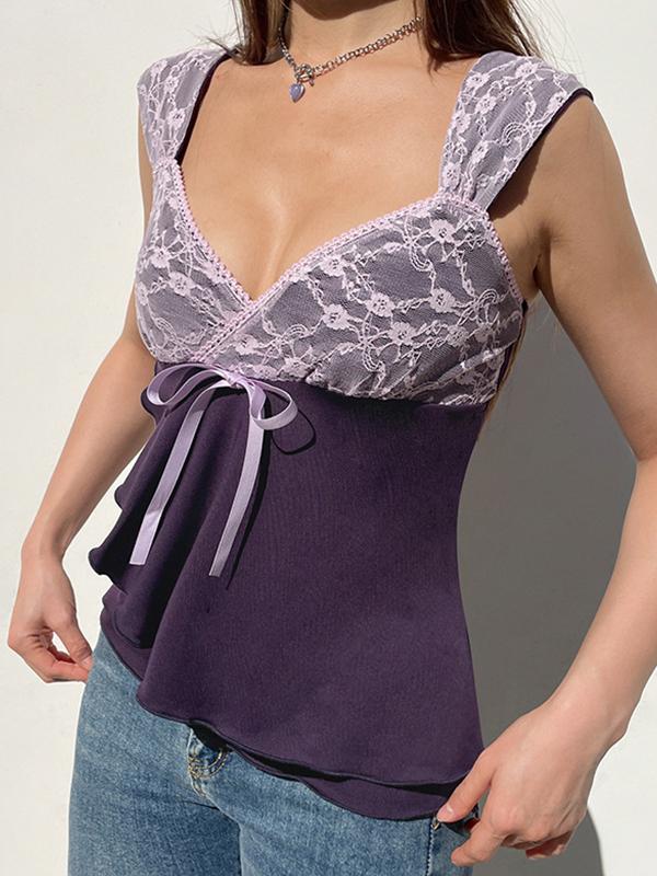 Lace Patchwork Bow Irregular Tank Top Product Image