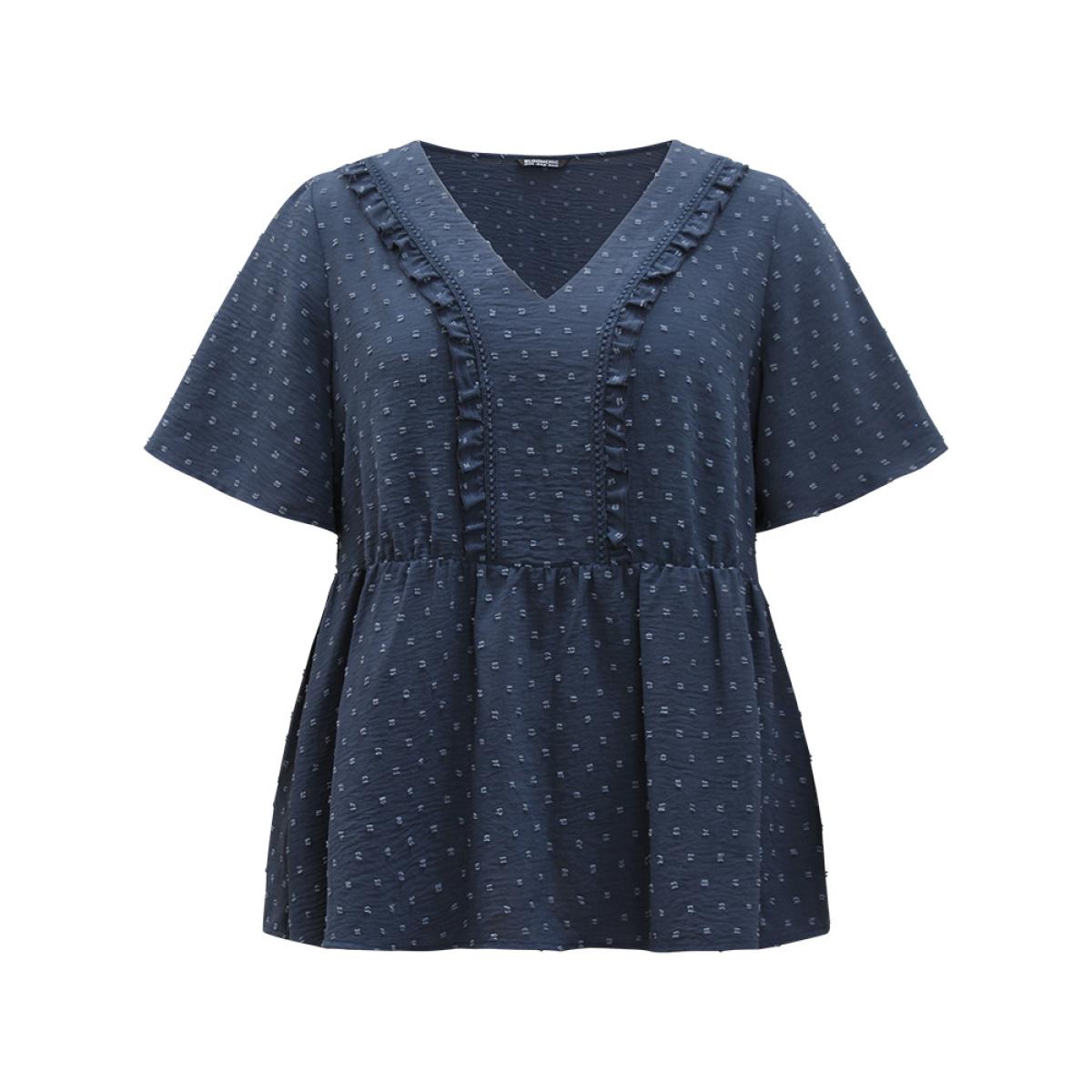 Plus Size Indigo Plain Texture V Neck Lace Patchwork Frill Trim Blouse Women Elegant Short sleeve V-neck Dailywear Blouses BloomChic 30/6X Product Image