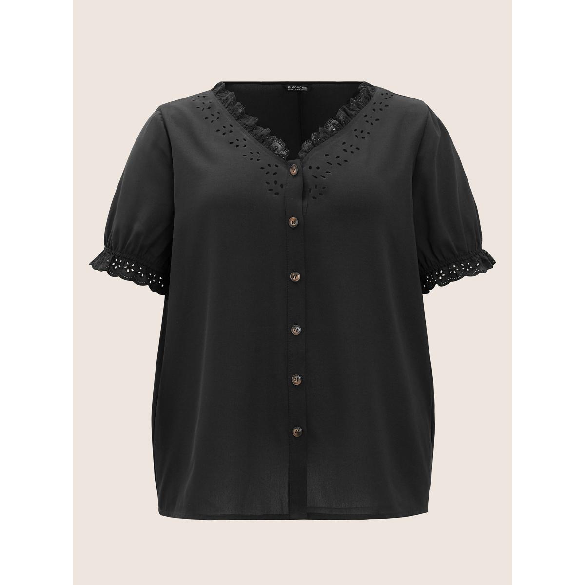 Plus Size Black Solid Lace Trim Button Up Laser Cut Puff Sleeve Blouse Women Elegant Short sleeve V-neck Everyday Blouses BloomChic 10/M Product Image