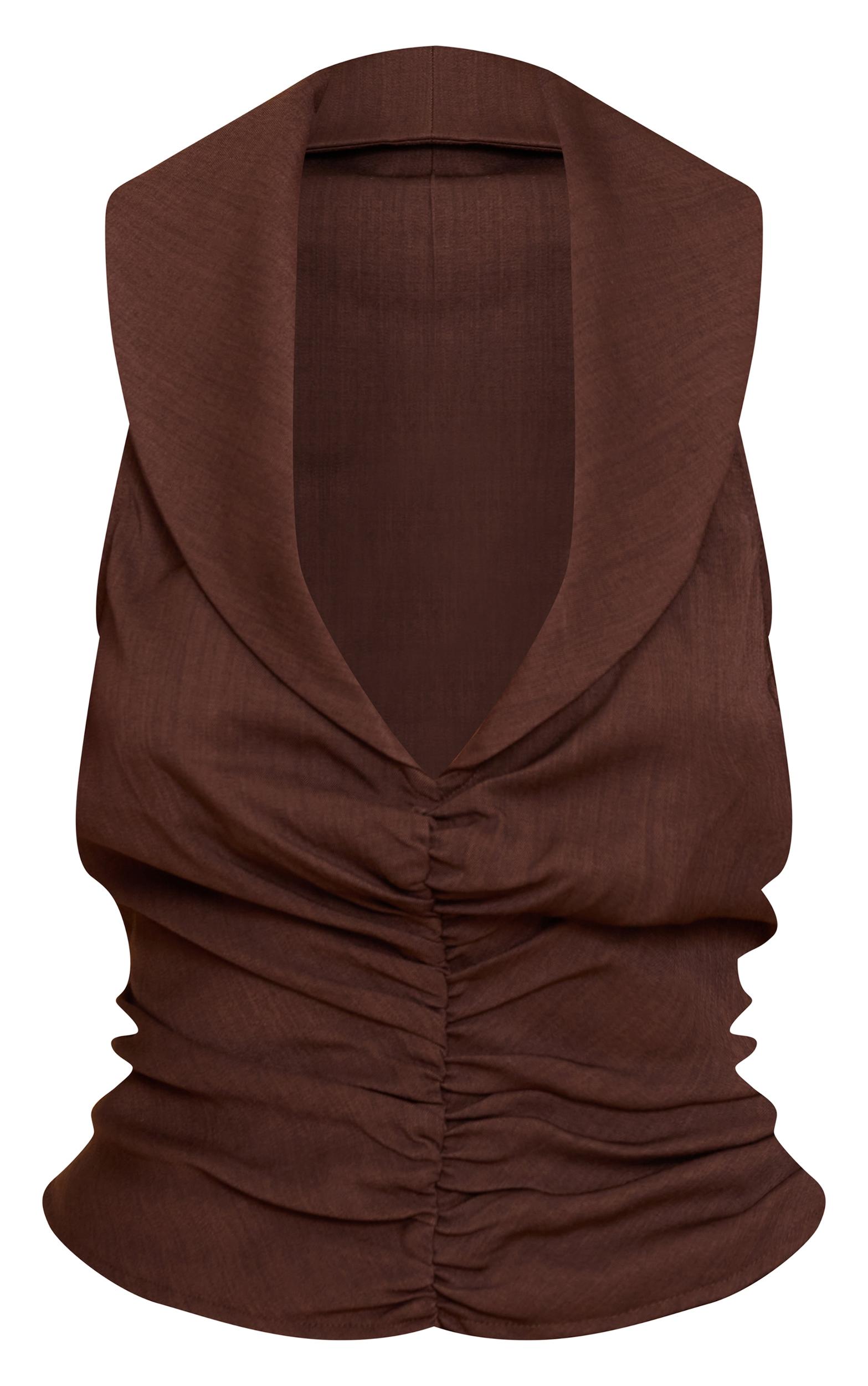 Chocolate Ruched Plunge Front Sleeveless Top Product Image