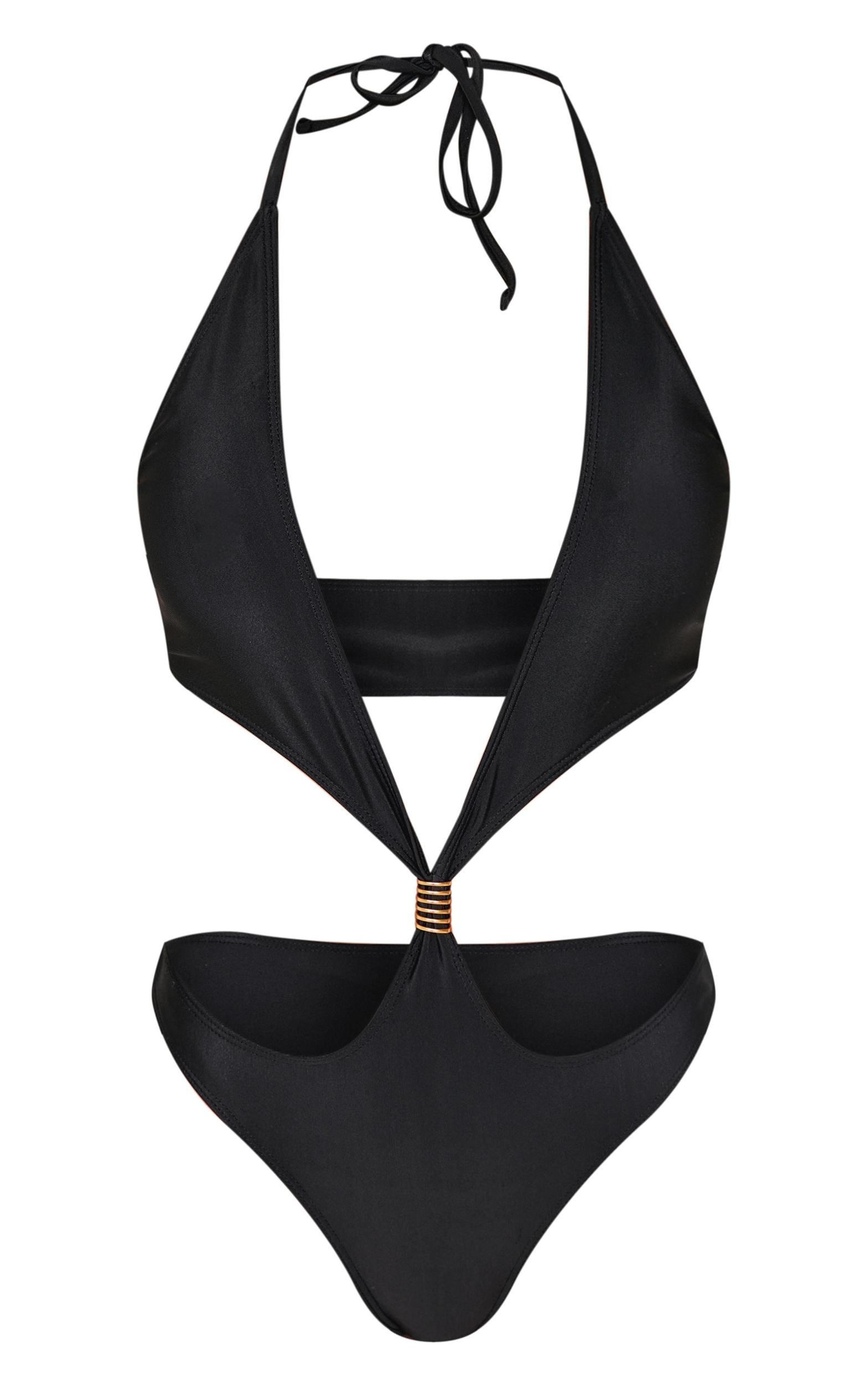 Black Extreme Cut Out Gold Trim Halter Tie Swimsuit Product Image