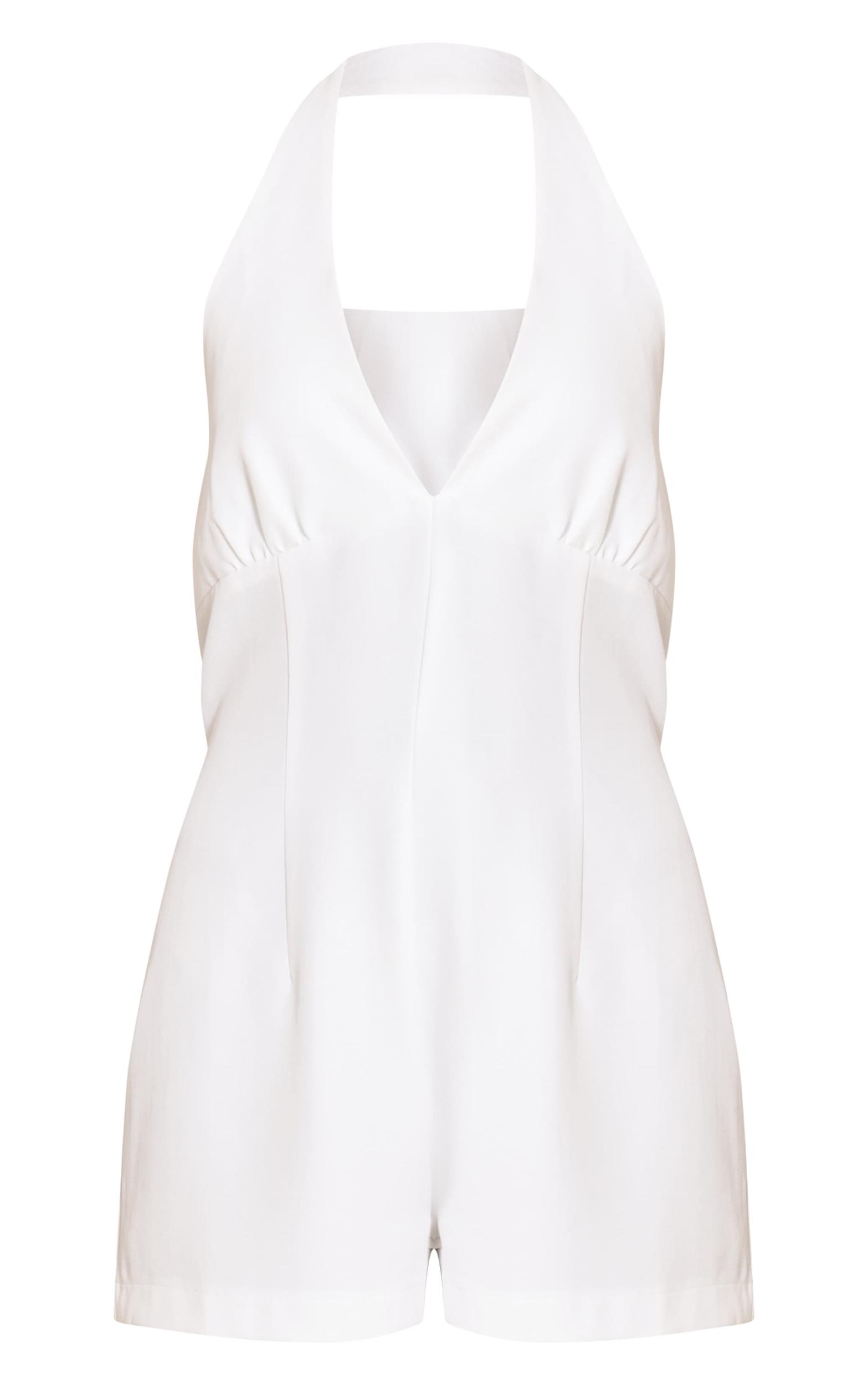 White Woven Halterneck Tailored Short Romper Product Image