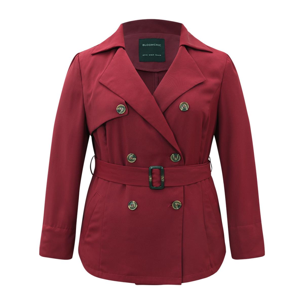 Plus Size Twill Lapel Collar Belted Button Up Buckle Detail Coat Women Burgundy Casual Plain Ladies Dailywear Winter Coats BloomChic 28/5X Product Image