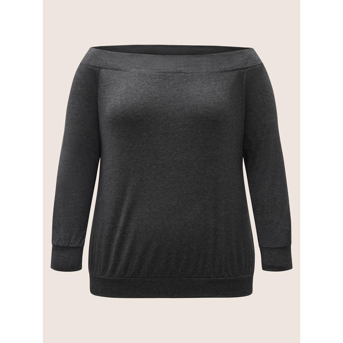 Plus Size Solid Heather Off Shoulder T-shirt DimGray Women Elegant Non Plain One-shoulder neck Everyday T-shirts BloomChic 12/L Product Image