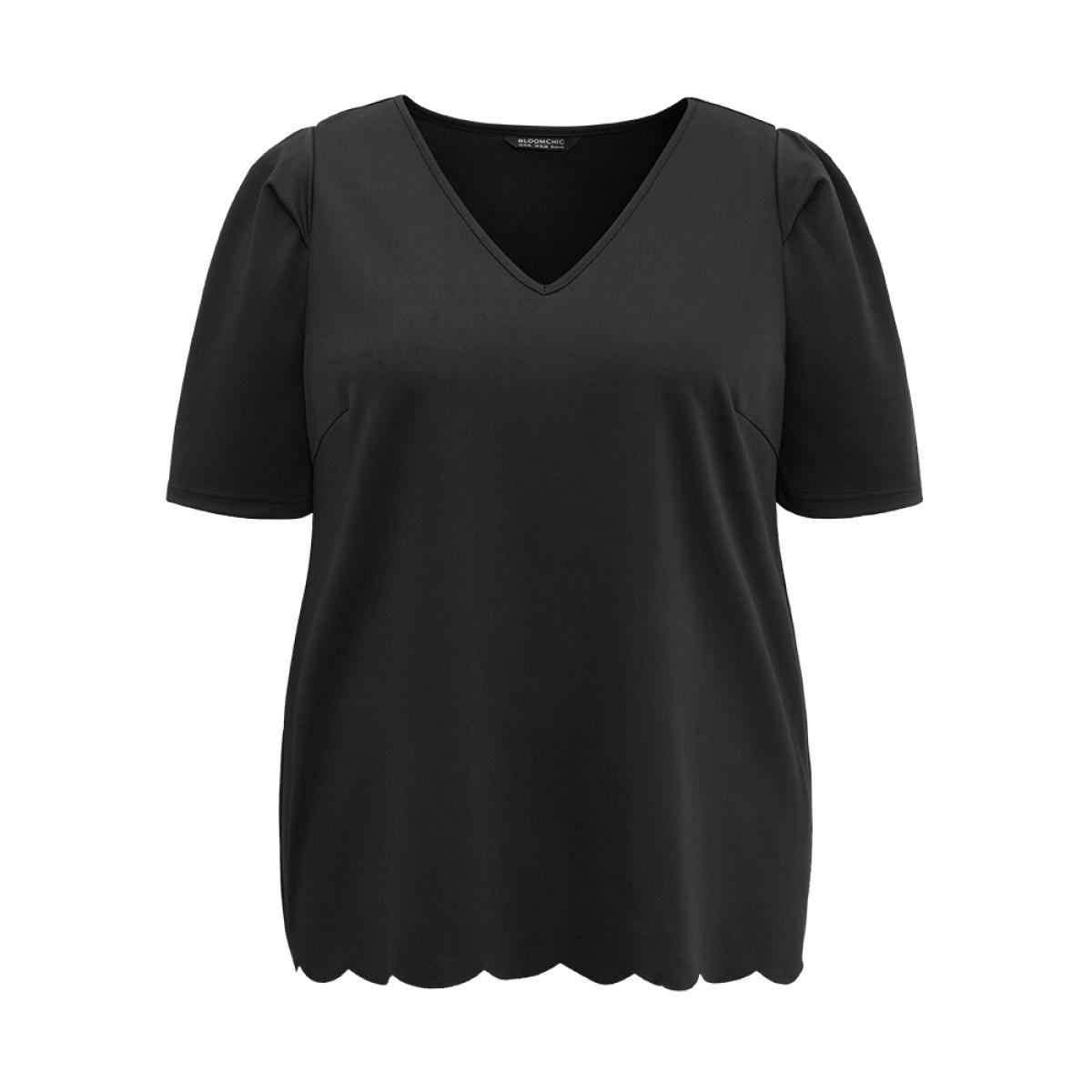 Plus Size Black Plain Puff Sleeve Scalloped Trim Blouse Women Work From Home Half Sleeve V-neck Work Blouses BloomChic 10/M Product Image