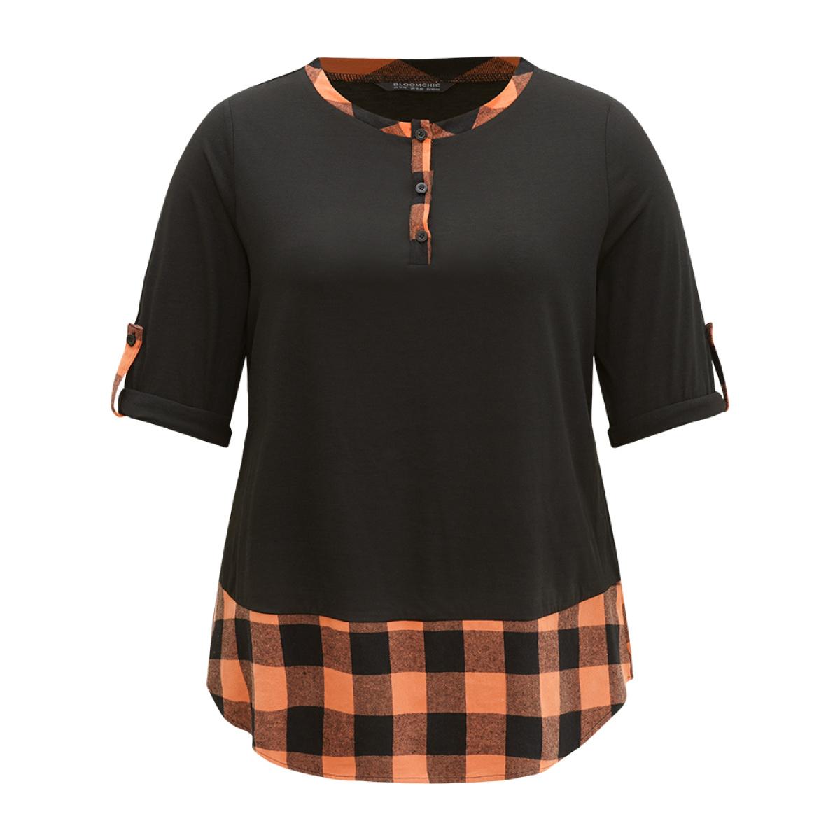 Plus Size Halloween Gingham Patchwork Notched Button Up Arc Hem T-shirt Black Women Casual Contrast Plaid Round Neck Festival-Halloween T-shirts BloomChic 12/L Product Image