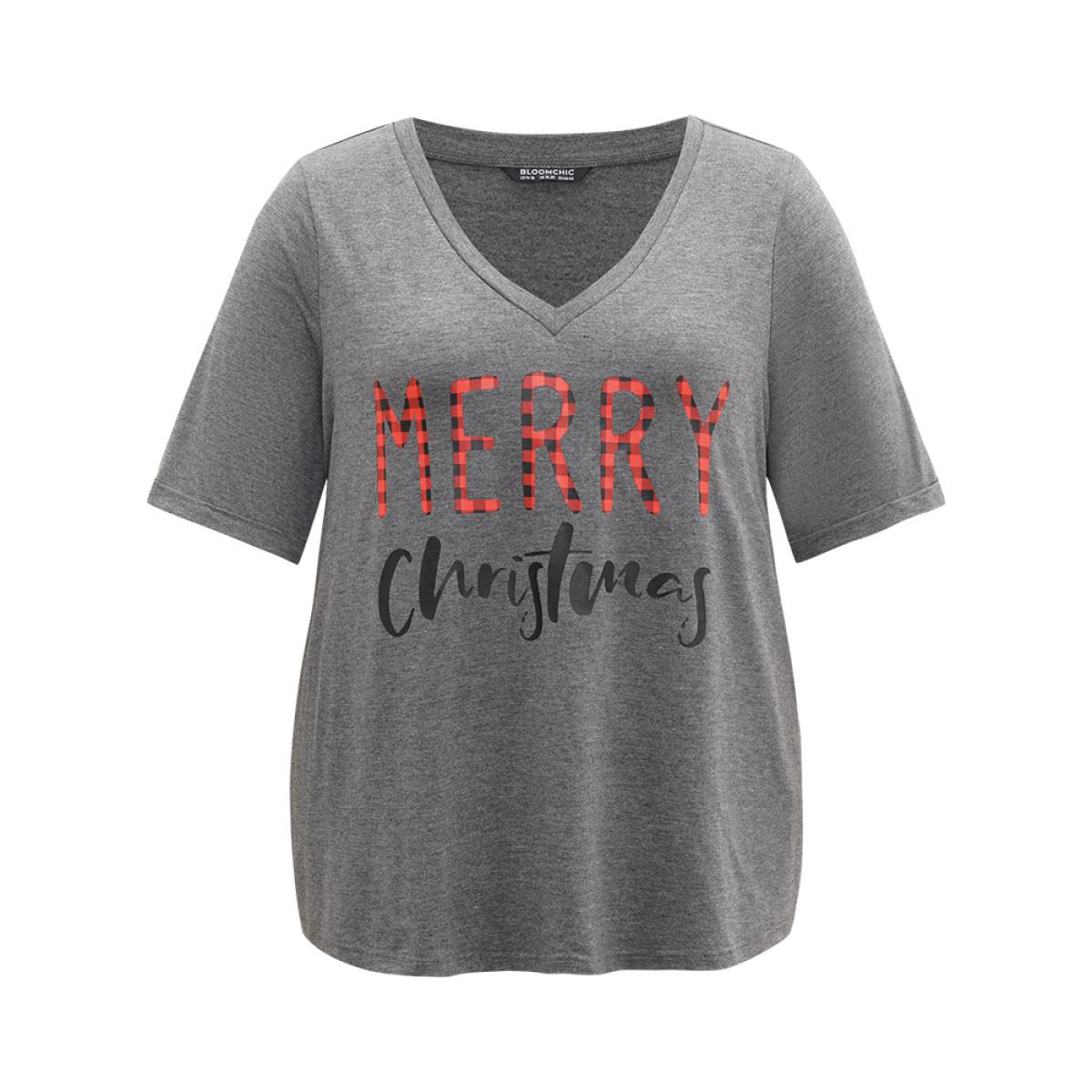 Plus Size Christmas Gingham Patchwork V Neck T-shirt DimGray Women Leisure Printed Christmas Casual T-shirts BloomChic 10/M Product Image