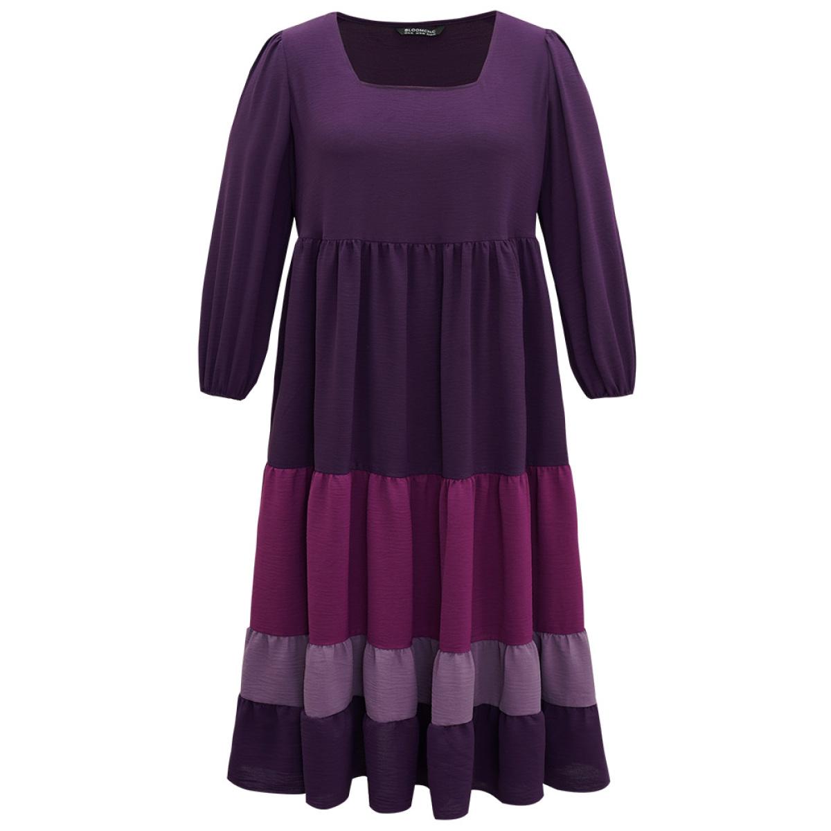 Plus Size Colorblock Contrast Square Neck Ruffle Layered Hem Dress Eggplant Women Casual Elastic cuffs Square Neck Long Sleeve Curvy Long Dress BloomChic 18-20/2X Product Image