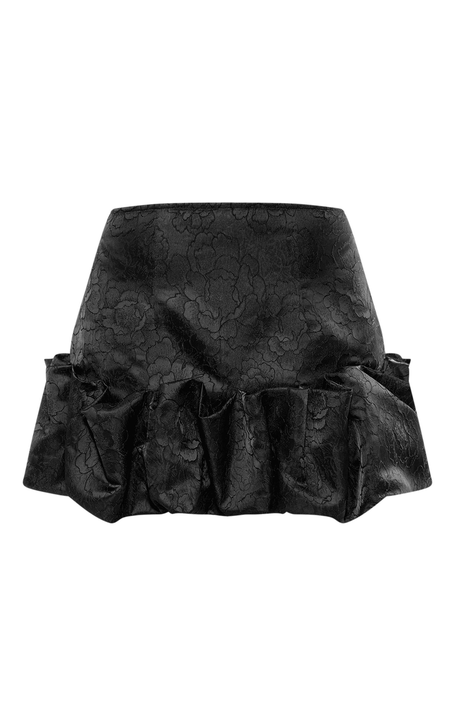 Black Floral Satin Puffball Hem Mini Skirt Product Image