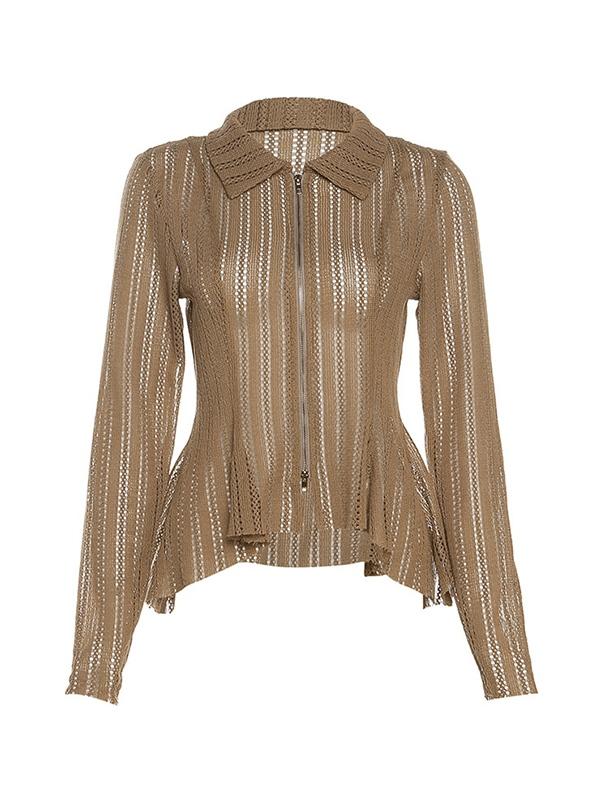 Cutout Ruffle Hem Zip Up Long Sleeve Knit Product Image