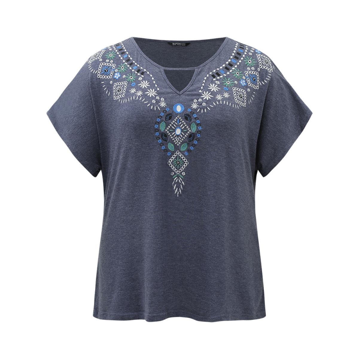 Plus Size Floral Embroidered Keyhole Dolman Sleeve T-shirt Blue Women Elegant Cut-Out Bohemian Print Keyhole Cut-Out Dailywear T-shirts BloomChic 26/4X Product Image