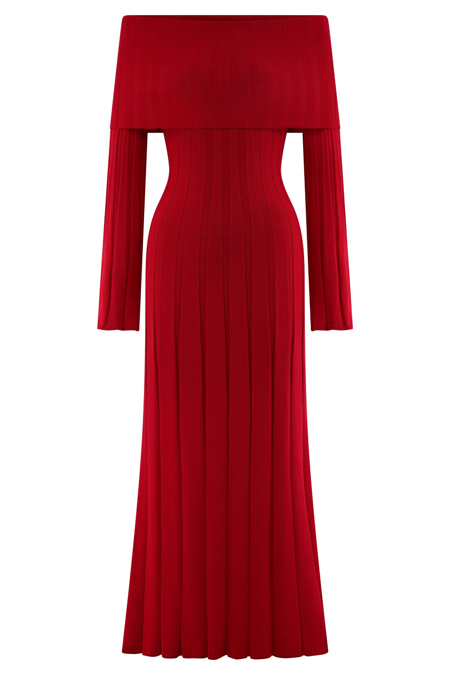 Alonza Long Sleeve Knit Midi Dress - Red Product Image