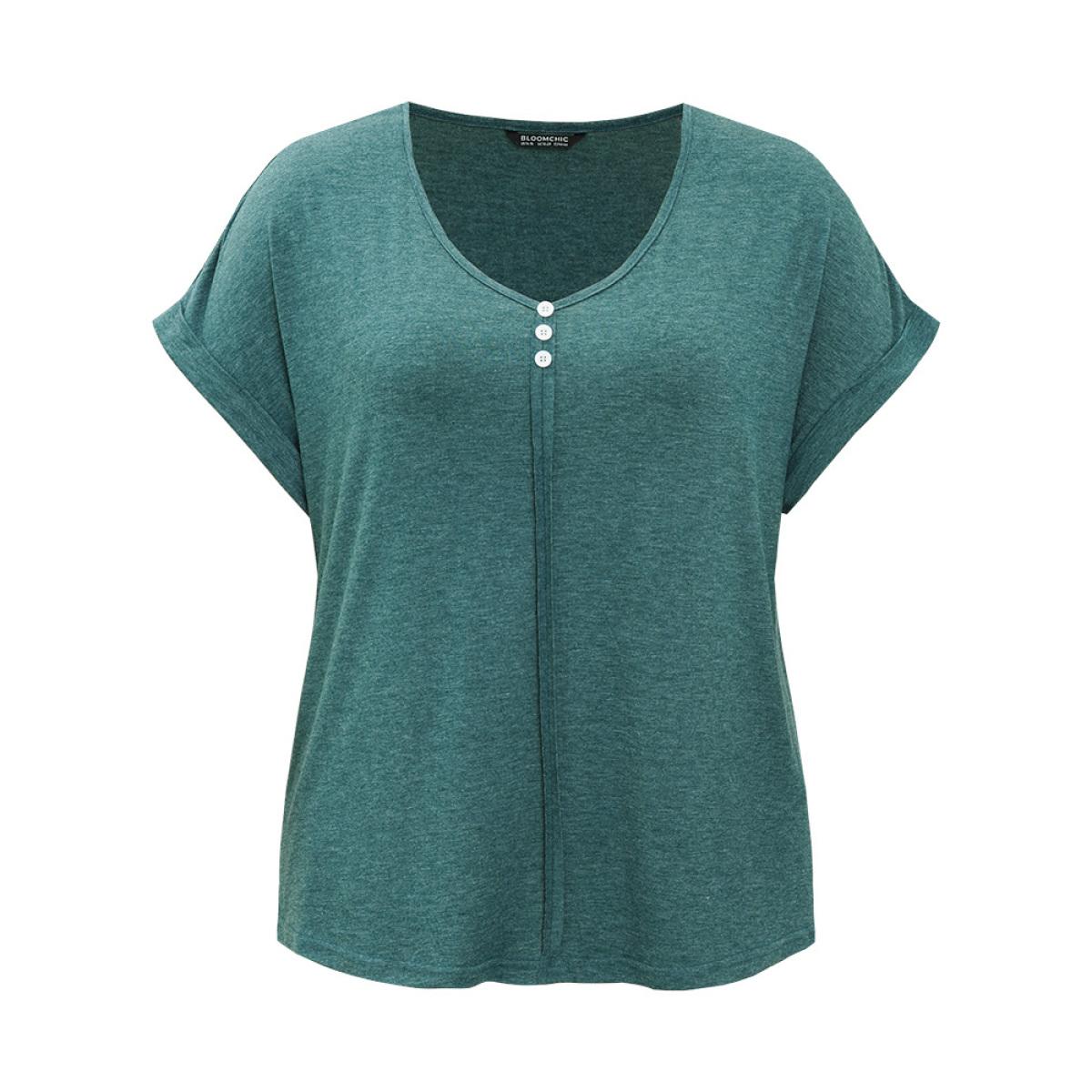 Plus Size Plain V Neck Button Detail Roll Dolman Sleeve T-shirt Cyan Women Casual Plain Plain V-neck Dailywear T-shirts BloomChic 12/L Product Image