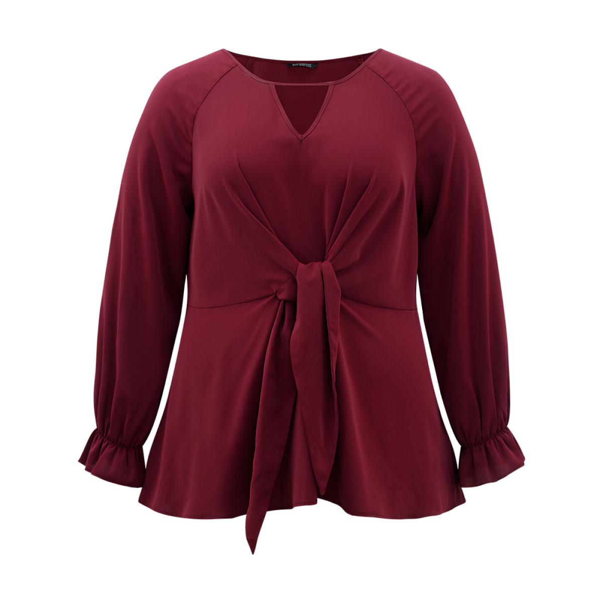 Plus Size Scarlet Anti-Wrinkle Twist Front Keyhole Ties Blouse Women Office Long Sleeve Keyhole Cut-Out Work Blouses BloomChic 18-20/2X Product Image