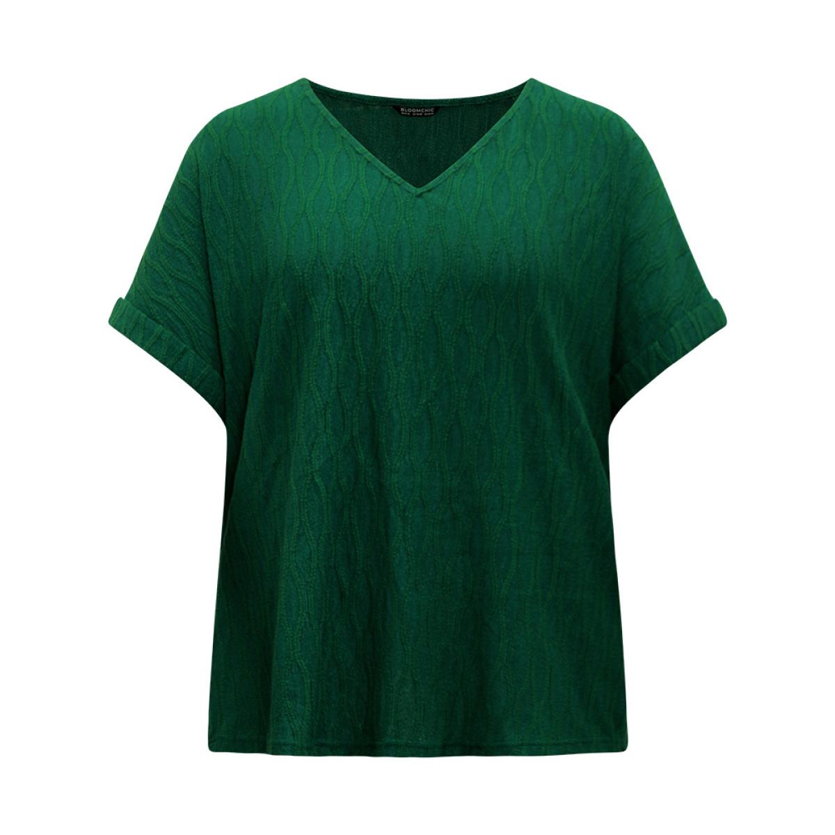 Plus Size Plain Texture V Neck Roll Dolman Sleeve T-shirt DarkGreen Women Casual Texture Plain V-neck Dailywear T-shirts BloomChic 28/5X Product Image