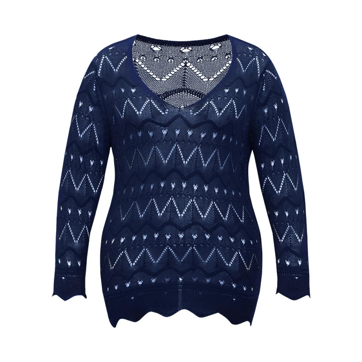 Plus Size Geometric Eyelet Scalloped Trim Drop Shoulder Pullover Indigo Women Casual Loose Long Sleeve Round Neck Dailywear Pullovers BloomChic 22-24/3X Product Image