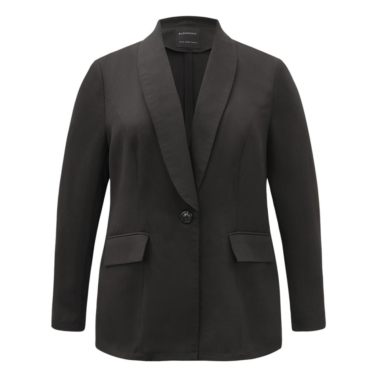 Plus Size Plain Suit Collar Button Up Pocket Blazer Black Women Work Plain Plain Sleeve Long Sleeve Suit Collar 22-24/3X Pocket At the Office Blazers BloomChic Product Image