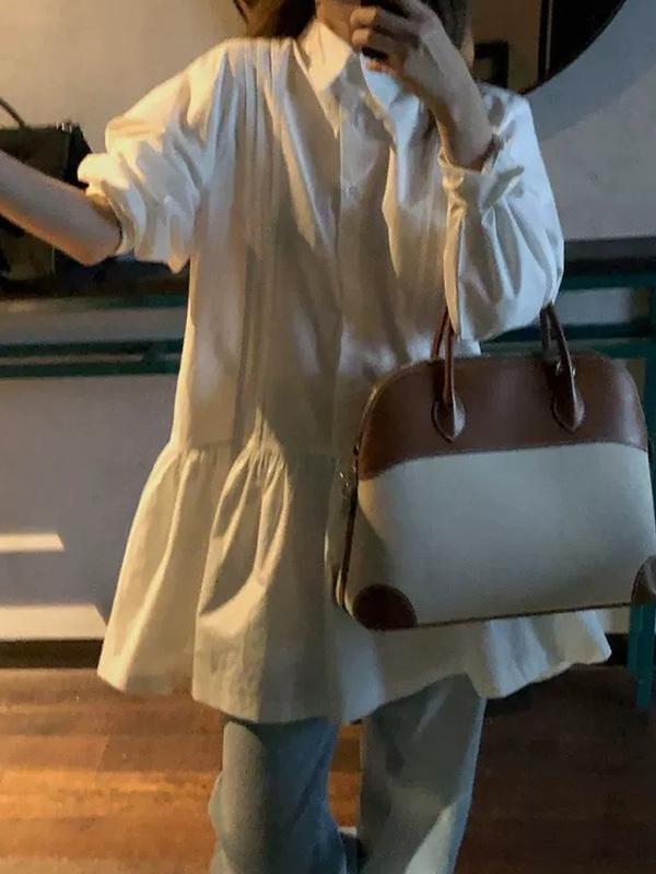 A-Line Long Sleeves Buttoned Pleated Solid Color Lapel Mini Dresses Shirt Dress Product Image