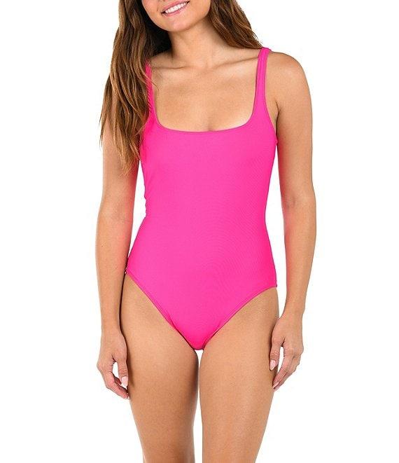 Citrus Solid Square Neck Open Back Tank One Piece Swimsuit Product Image