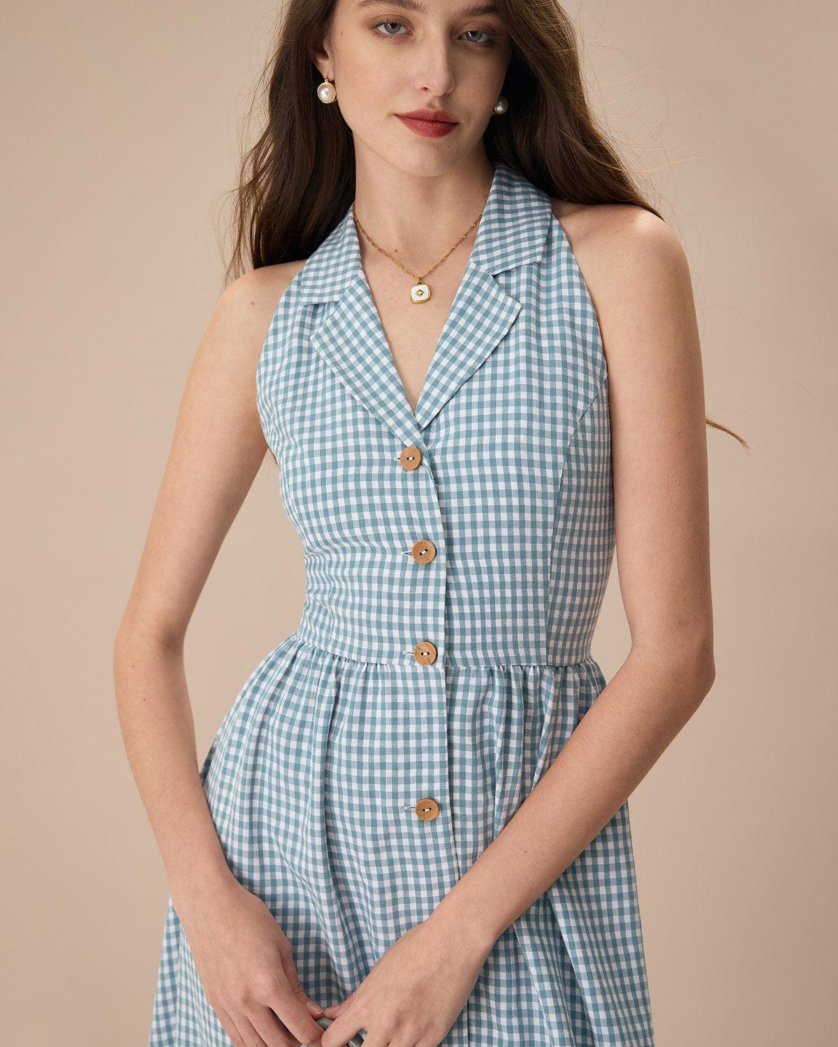 The Blue Lapel Plaid Sleeveless Shirt Midi Dress Product Image