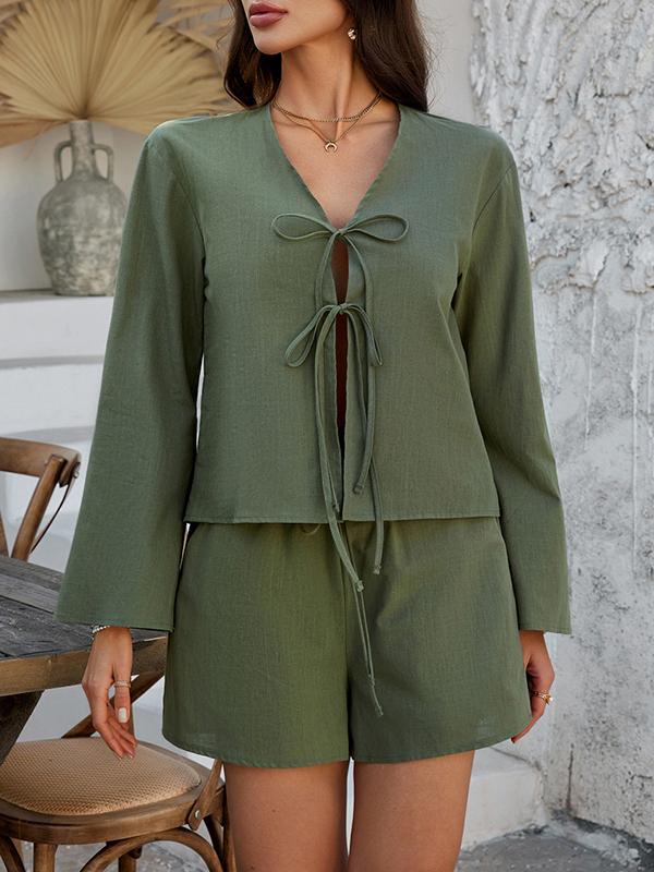 Flared Sleeves Long Sleeves Solid Color Tied V-Neck Blouses&Shirts Tops + Shorts Bottom Two Pieces Set Product Image