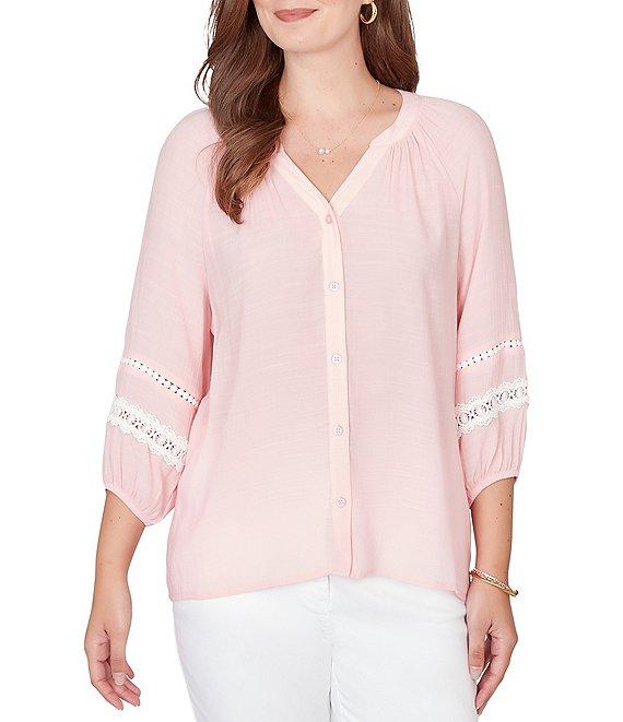 Ruby Rd. Silky Gauze Woven Split V-Neck 3/4 Sleeve Lace Trim Button-Front Peasant Blouse Product Image