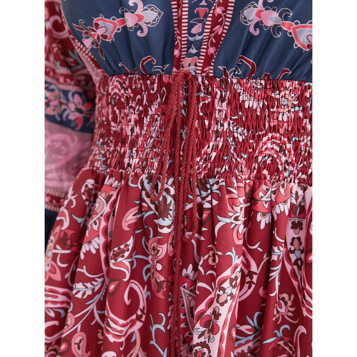 Plus Size Bandana Print Pocket Shirred Bowknot Dress Scarlet Women Vacation Cross straps V-neck Long Sleeve Curvy Midi Dress BloomChic 12/L Product Image