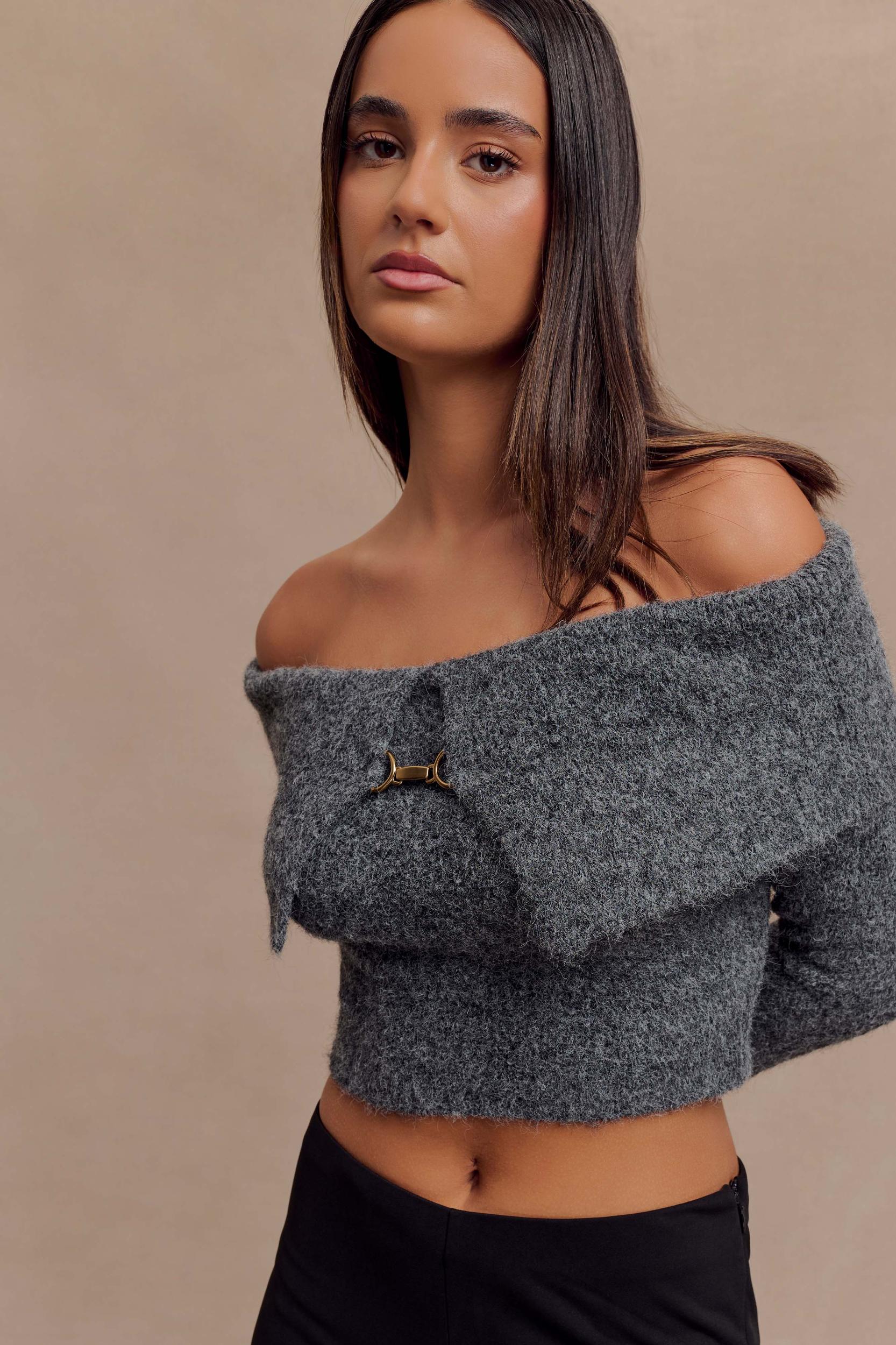 Baxter Off Shoulder Fluffy Knit Top - Charcoal Product Image