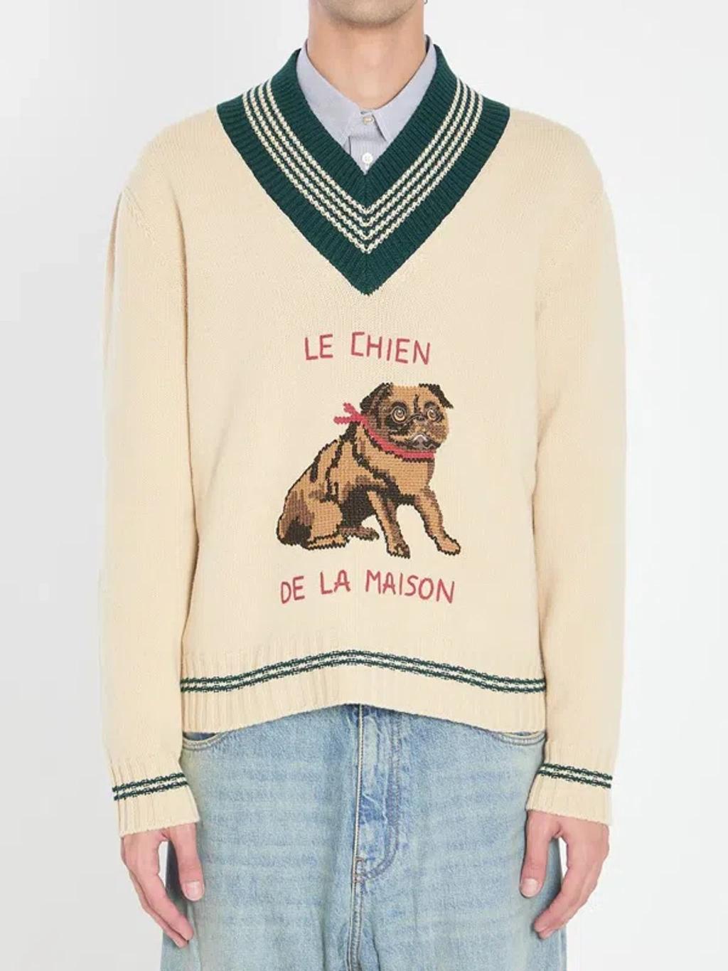VALENTINO Embroidered V-neck Crewneck Sweater With Ribbed Trim In White Product Image