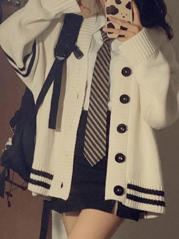 Preppy Stripe Splice V Neck Knit Cardigan Product Image