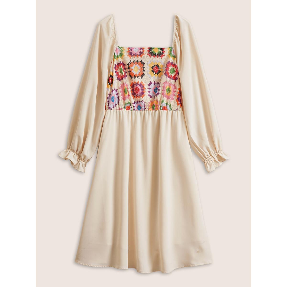 Plus Size Floral Patchwork Square Neck Gathered Dress Apricot Women Resort Texture Square Neck Long Sleeve Curvy Midi Dress BloomChic 14-16/1X Product Image