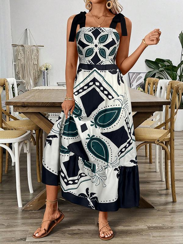 A-Line Loose Elasticity Flower Print Pleated Tied Spaghetti-Neck Midi Dresses Product Image