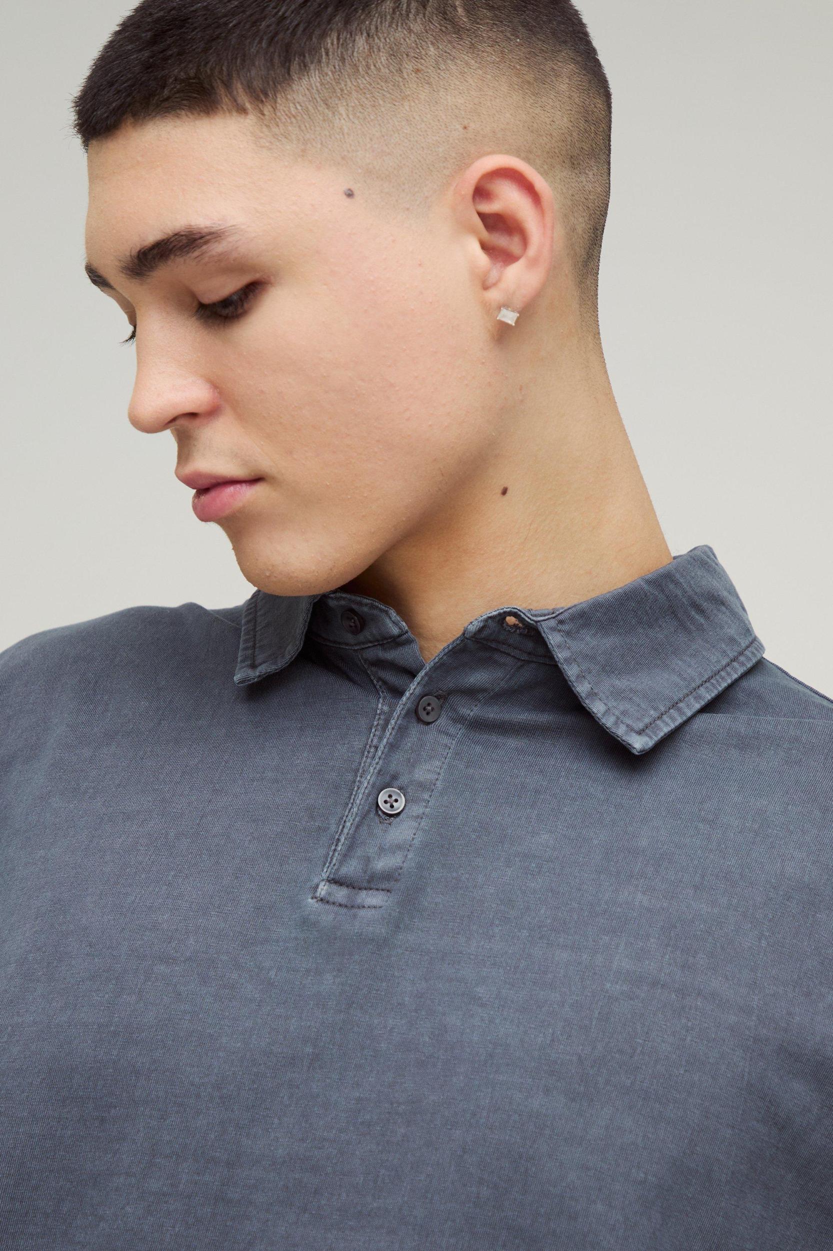 Oversized Boxy Long Sleeve Wash Polo | boohooMAN USA Product Image