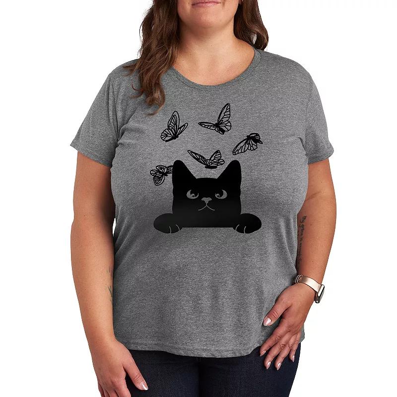 Women's Peeking Cat And Butterflies Graphic Tee,  Product Image