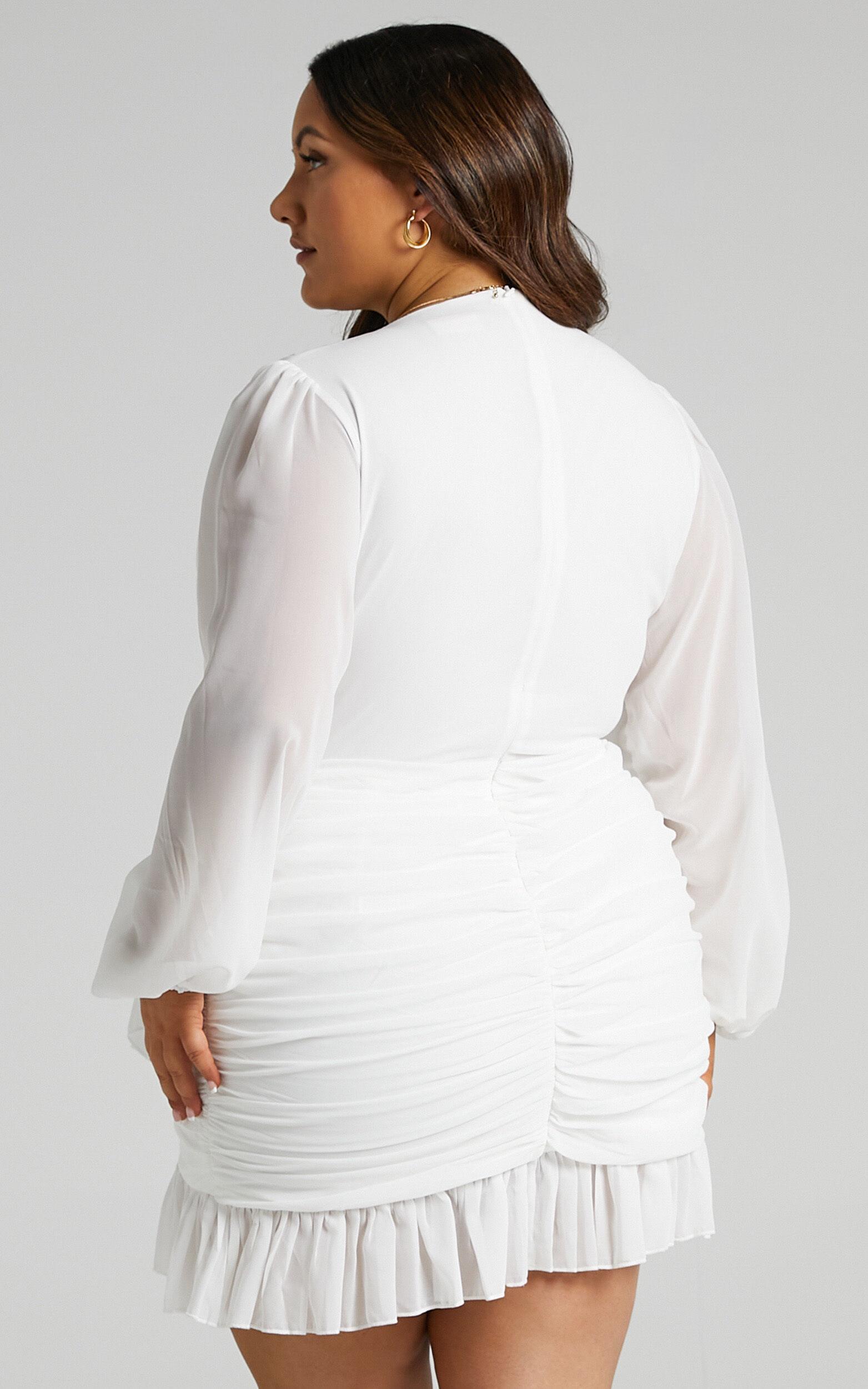 Can I Be Your Honey Mini Dress - Plunge Balloon Sleeve Dress in White Product Image