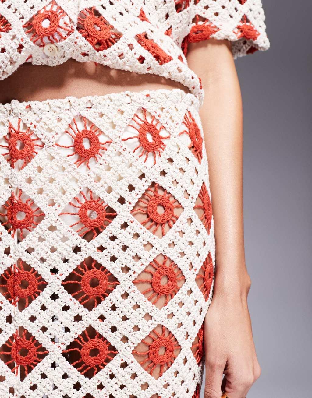 South Beach crochet maxi beach skirt in cream and rust Product Image