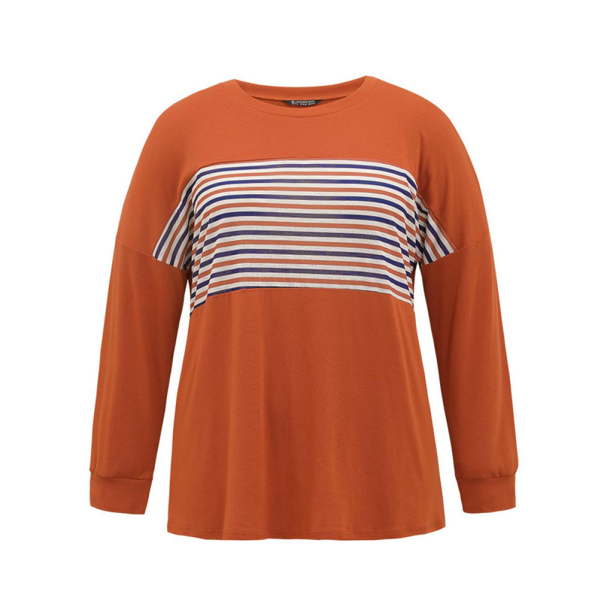 Plus Size Halloween Striped Patchwork Round Neck Drop Shoulder T-shirt Chocolate Women Casual Contrast Striped Round Neck Festival-Halloween T-shirts BloomChic 22-24/3X Product Image