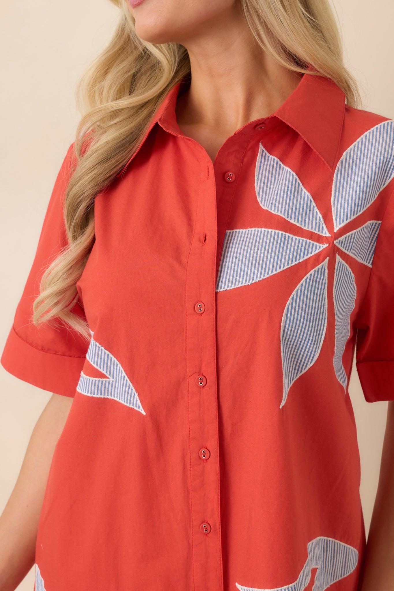 Bloom & Be Seen Poppy Red Cotton Floral Applique Mini Shirt Dress Product Image