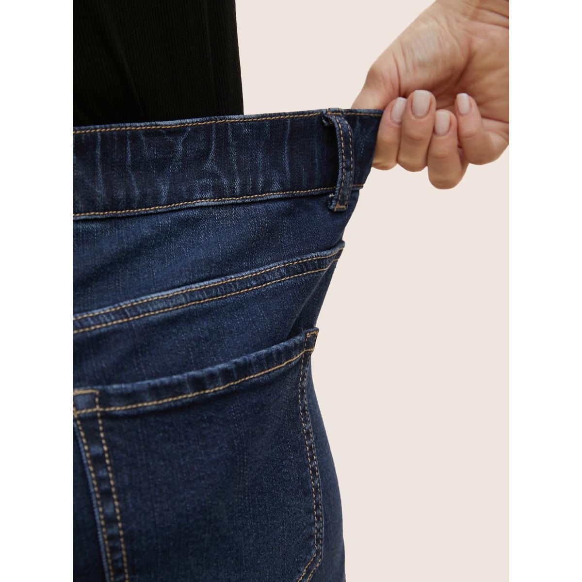 Plus Size Dark Wash Split Hem Quilted Denim Shorts Women Denimindigo Topstitching High stretch Everyday Slanted pocket Casual Denim Shorts BloomChic 10/M Product Image