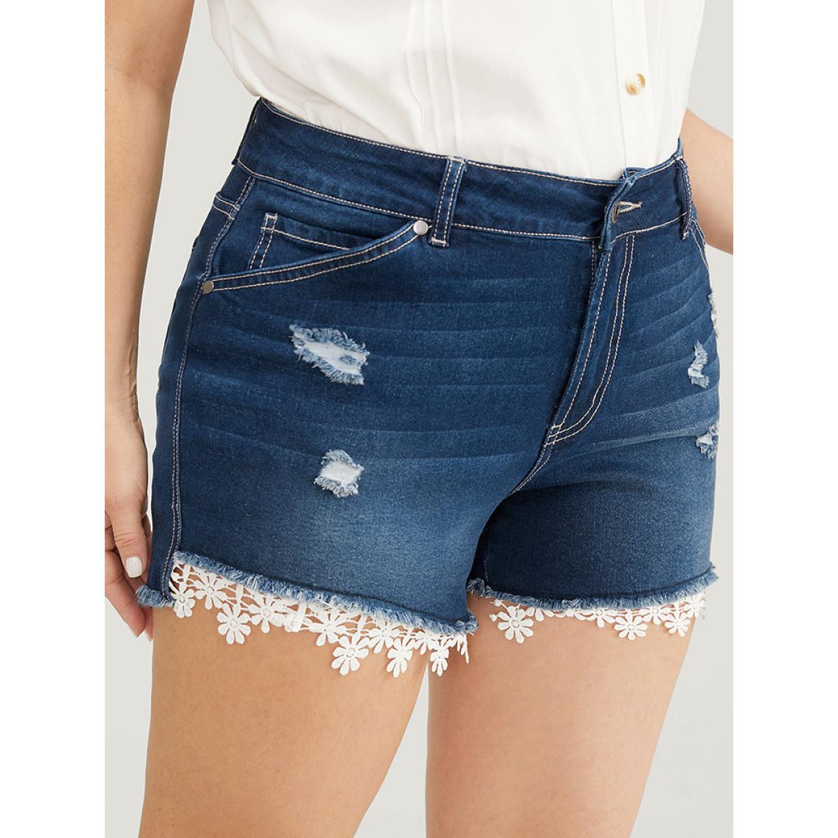 Plus Size Moderately Stretchy Ripped Lace Raw Hem Denim Shorts Women DarkBlue Medium stretch Dailywear Pocket Elegant Denim Shorts BloomChic 10/M Product Image
