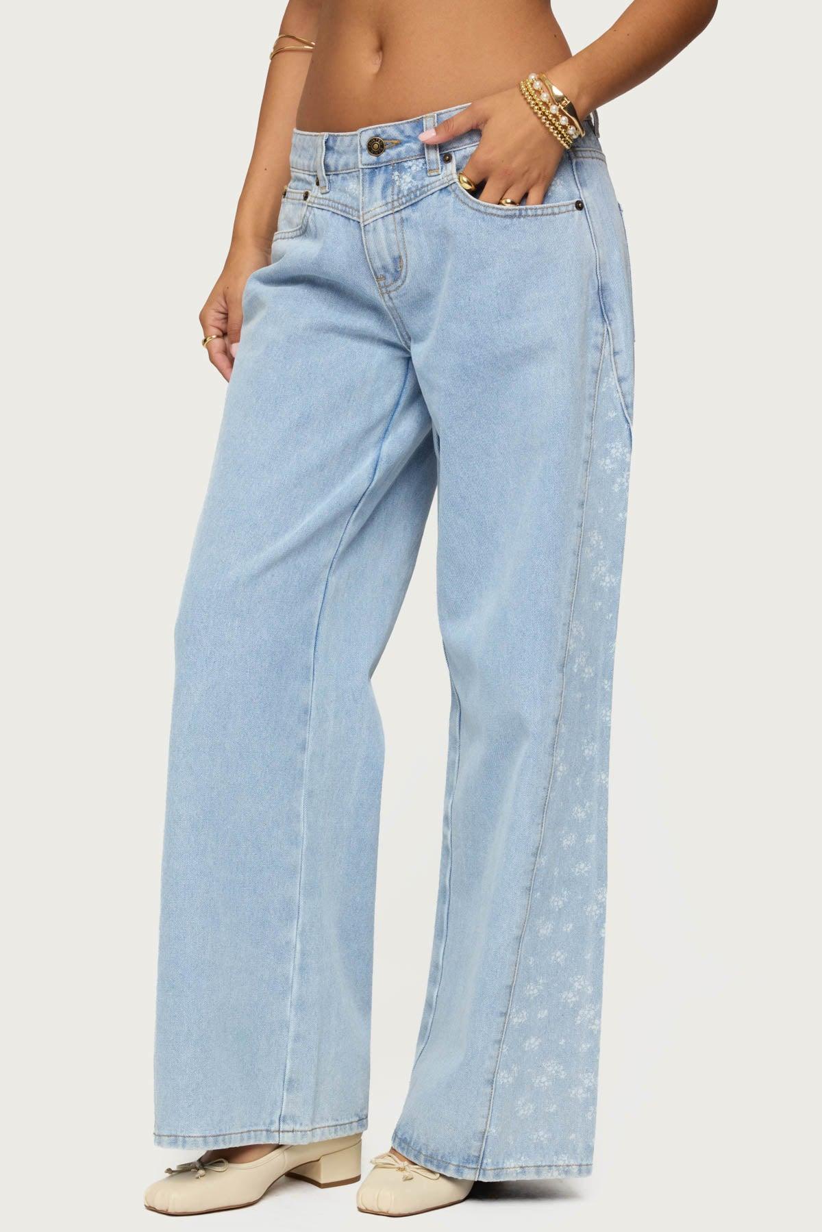 Floral Split Low Rise Baggy Jeans Product Image