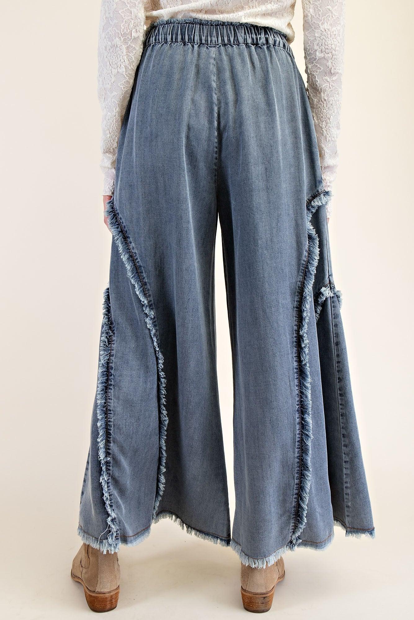 Fringe Washed Denim Wide Loose Fit Pants Product Image