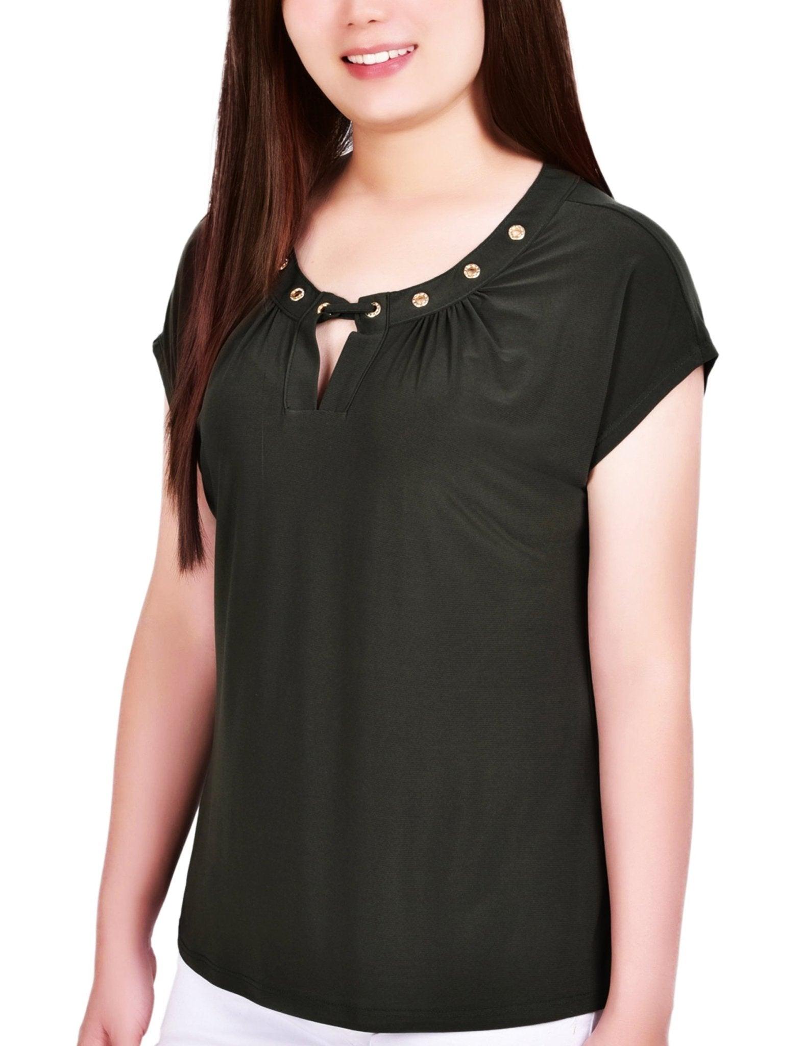 Black Short Extended-Sleeve Grommet Neck Knit Top - Petite Product Image