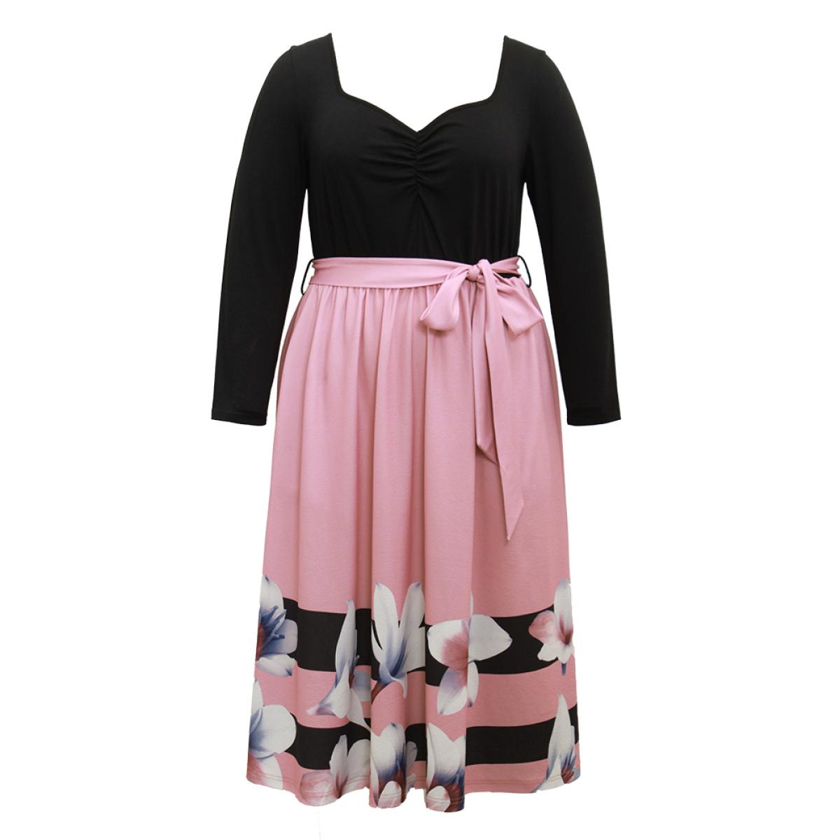 Plus Size Floral Contrast Ruched Square Neck Belted Dress Black Women Elegant Gathered Square Neck Long Sleeve Curvy Midi Dress BloomChic 14-16/1X Product Image