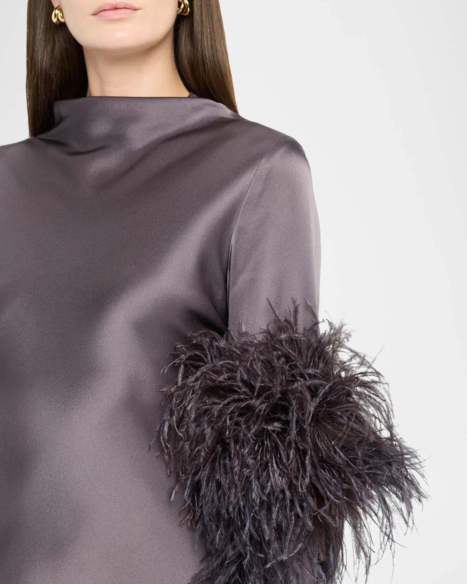 Feather-Trim Long-Sleeve Satin Bias Midi Dress Product Image