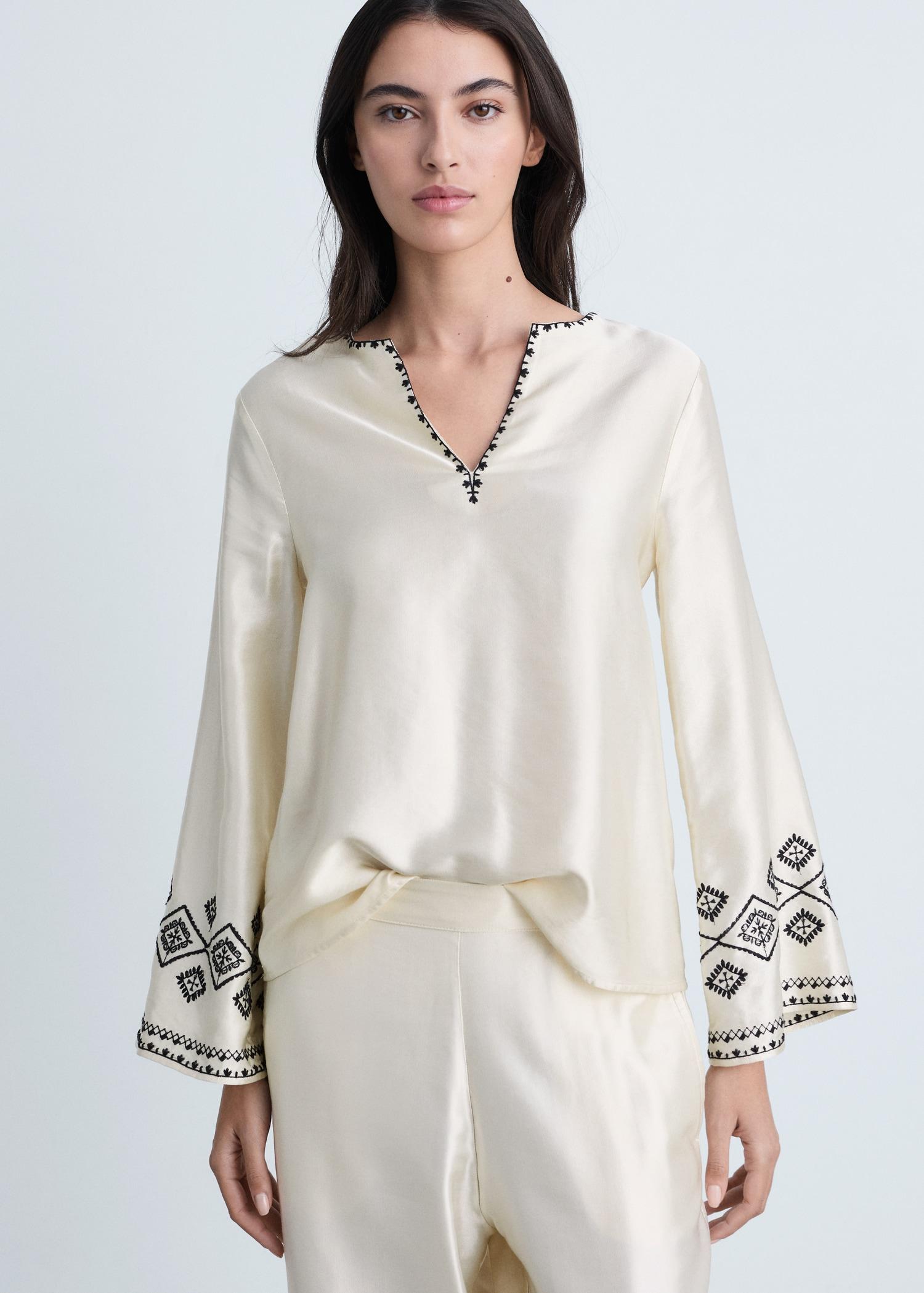 Wide-leg pants with embroidered hem - Women | MANGO USA Product Image