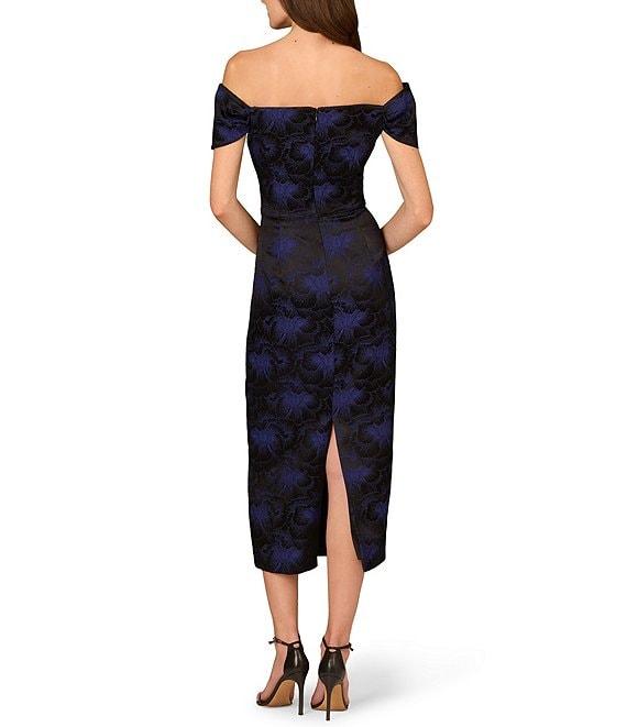 Aidan Mattox Woven Jacquard Off The Shoulder Neck Cap Sleeve Pleated Midi Sheath Dress Product Image