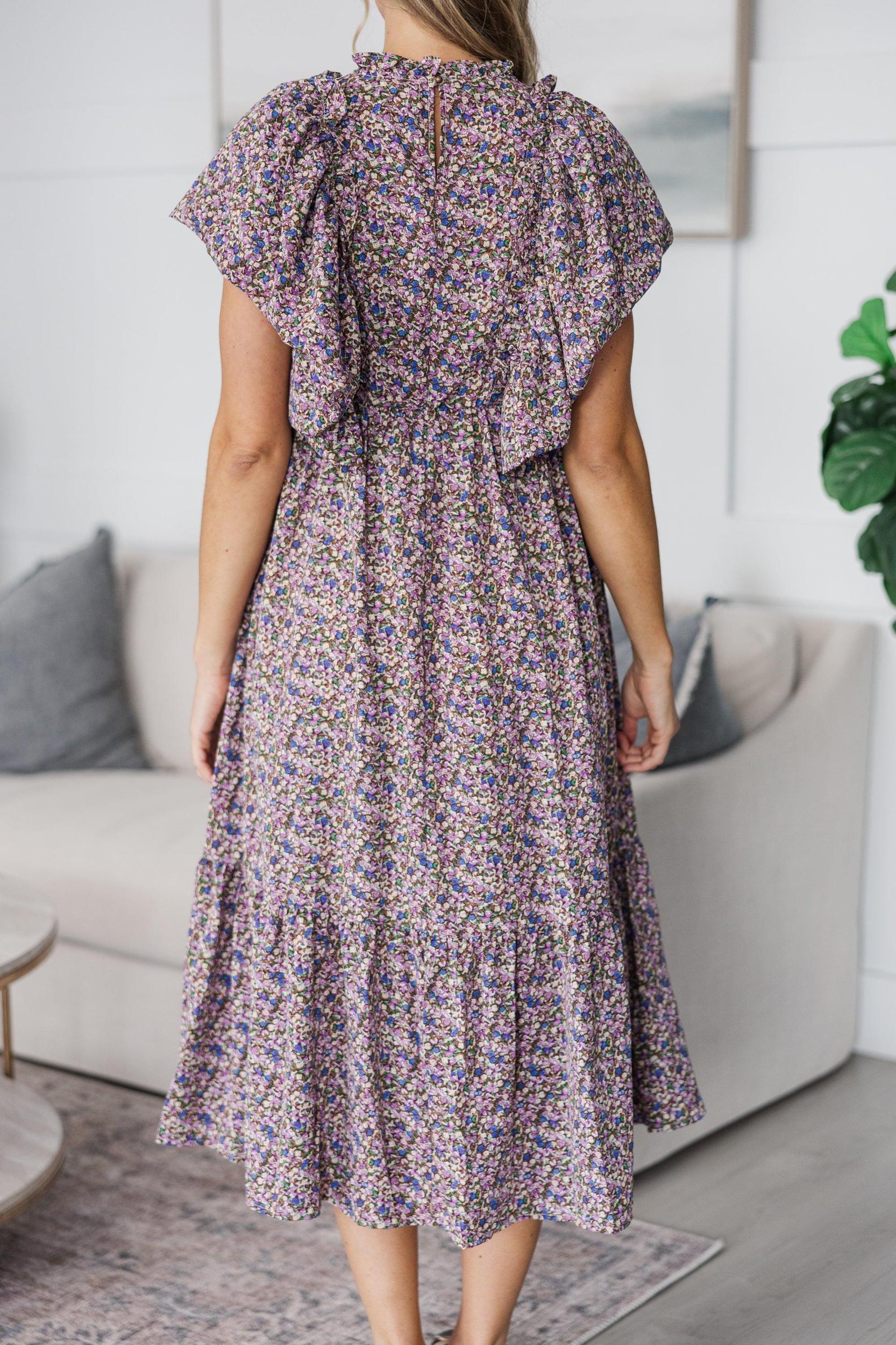 NURSING COLLECTION: All The Good Plum Ditsy Floral Ruffled Midi Dress Female Product Image